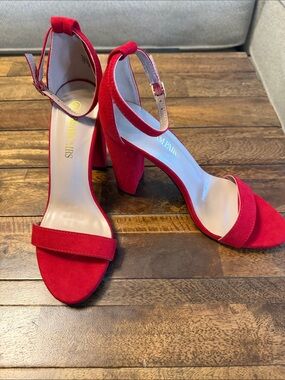 Red Ankle-Strap Block Heel Sandals - Modern Women's Dress Shoes